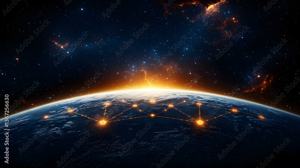 Poster the image shows a stylized earth from space, with glowing orange lines connecting several points on 