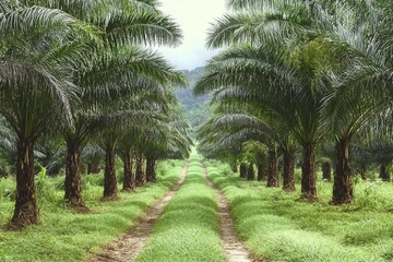 Obraz premium Oil palm plantations, neatly arranged oil palm trees, grow abundantly and become a large commodity in Indonesia 