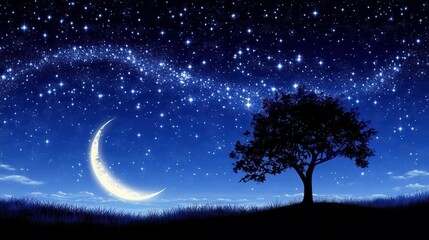 Serene Night Sky with Stars and Crescent Moon Over a Silhouette of a Tree on a Horizon