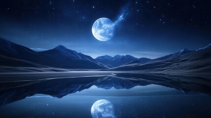 Starry Night Sky with a Bright Moon and Mountain Reflections Over a Calm Lake