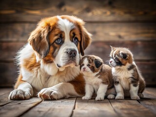 Adorable Saint Bernard Puppy Playing with Three Kittens - Cute Pet Photo