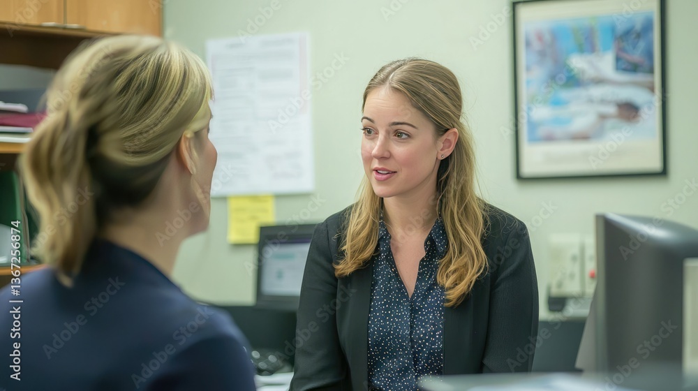 Poster an owner or manager working in a small business office, having a conversation with an employee
