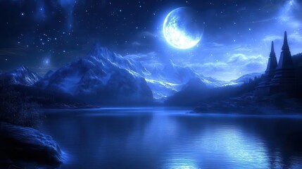 Serene Night Landscape with Moonlit Mountains and Tranquil Lake Under Starry Sky