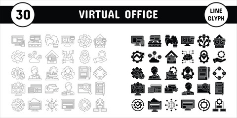 Virtual Office Line Glyph Vector Illustration Icon Sticker Set Design Materials