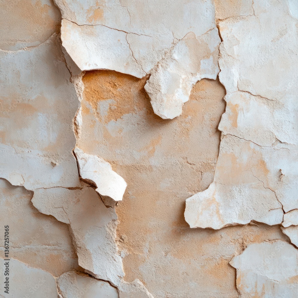 Aufkleber Close up view of peeling paint texture revealing cracked surface and aged plaster. The color palette involves beige and white creating a rough and weathered look