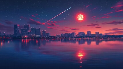 Stunning City Skyline at Sunset with Vibrant Reflections and Cosmic Elements Over Water