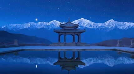 Serene Night View of Traditional Pagoda Surrounded by Snowcapped Mountains and Starry Sky