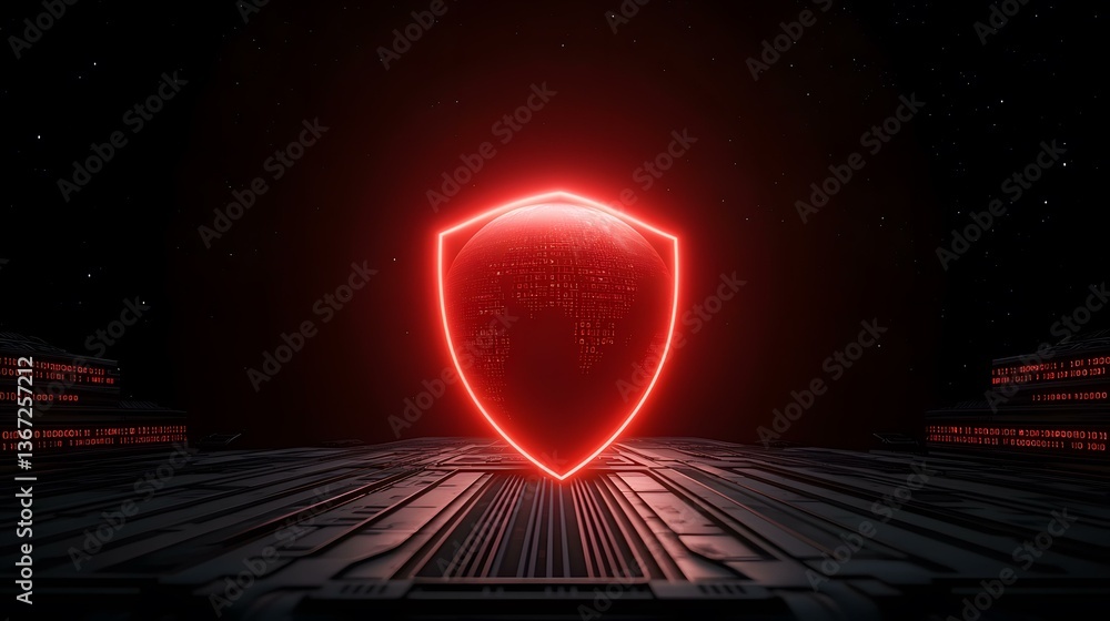Poster a glowing red shield, composed of binary code, sits on a dark, futuristic surface against a starry b
