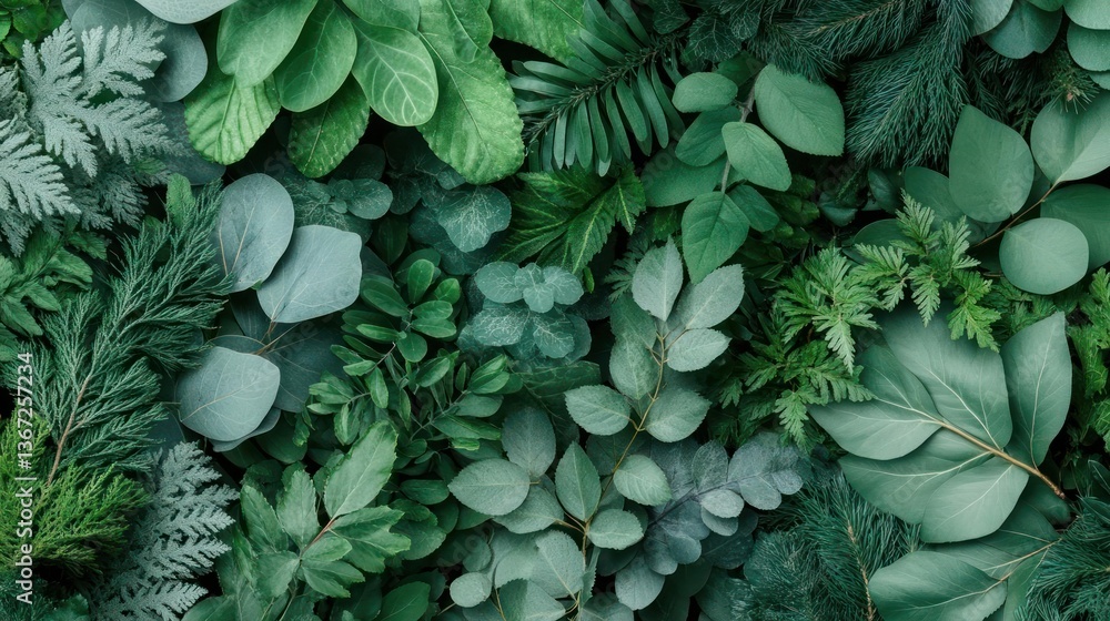 Poster overhead view of assorted green foliage including leaves and branches creating a dense natural textu