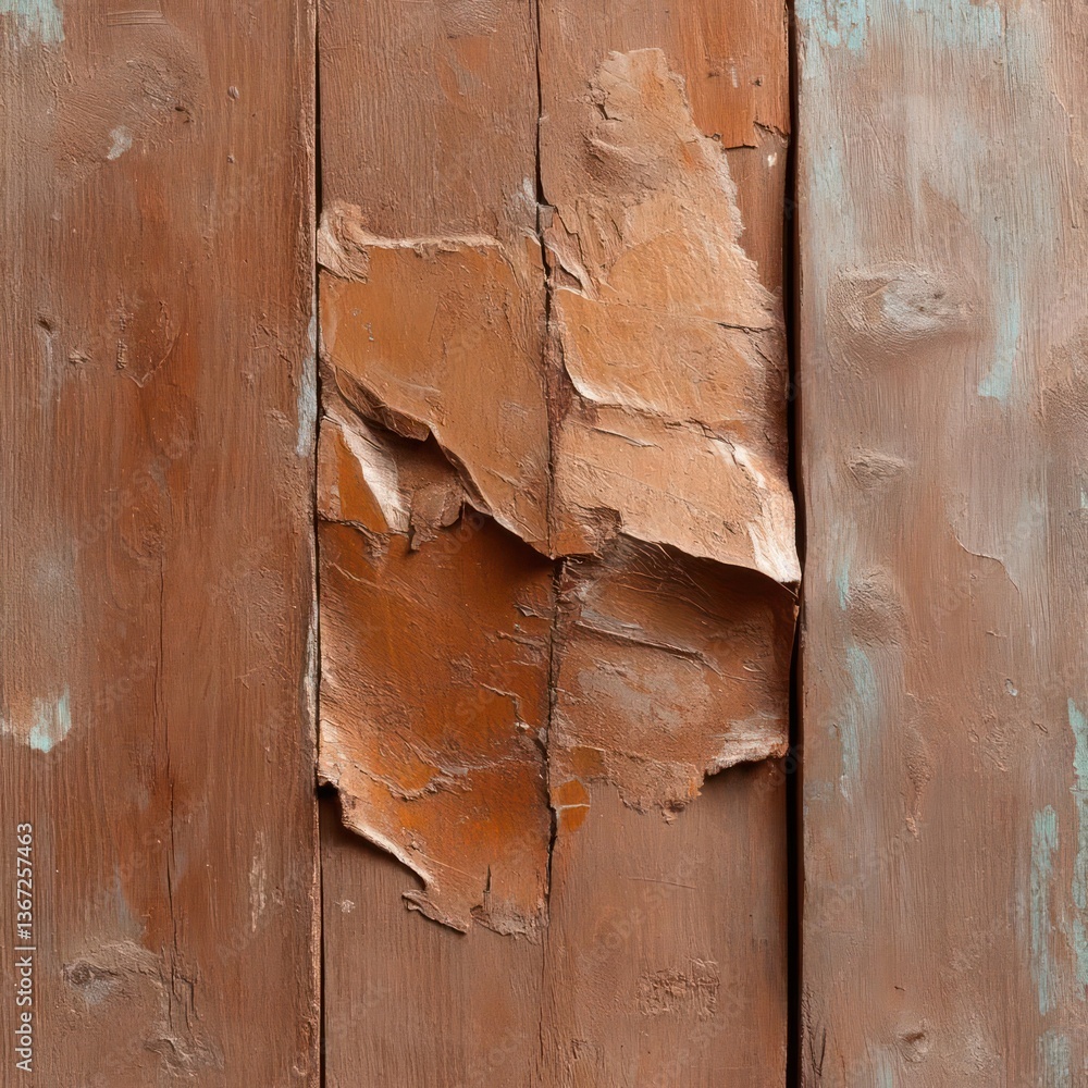 Poster close up of weathered wooden planks with peeling paint showing a rustic textured surface with brown 