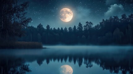 Serene Night Landscape with Full Moon Reflecting on Calm Lake Surrounded by Lush Forest