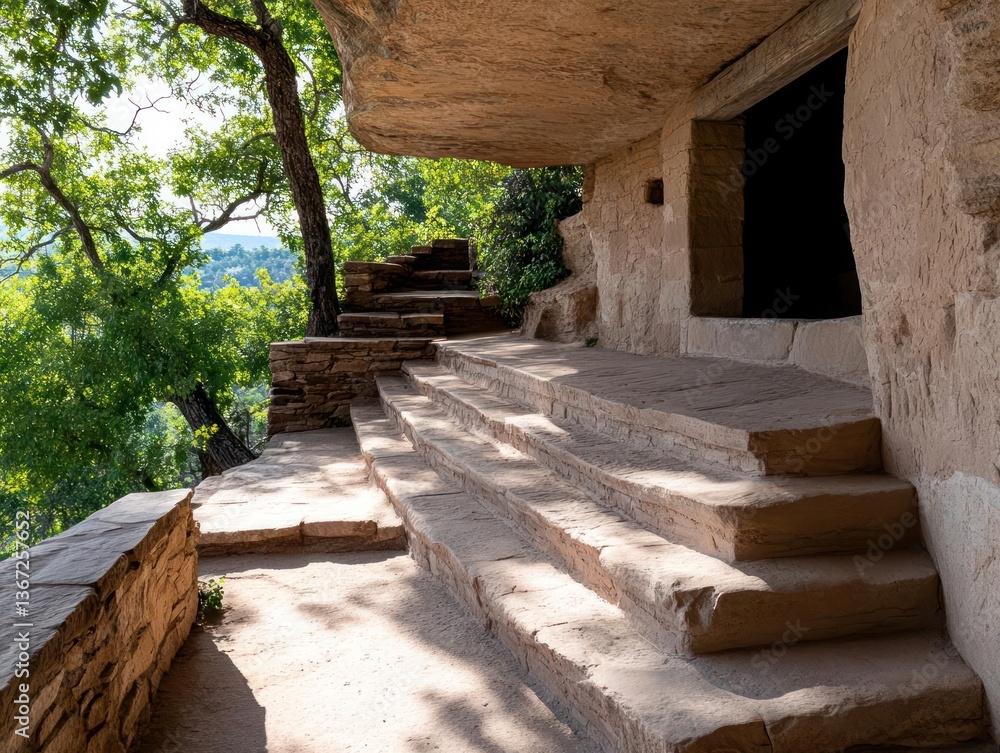 Aufkleber Stone structure with steps leading to an entrance in nature with trees and blue sky visible