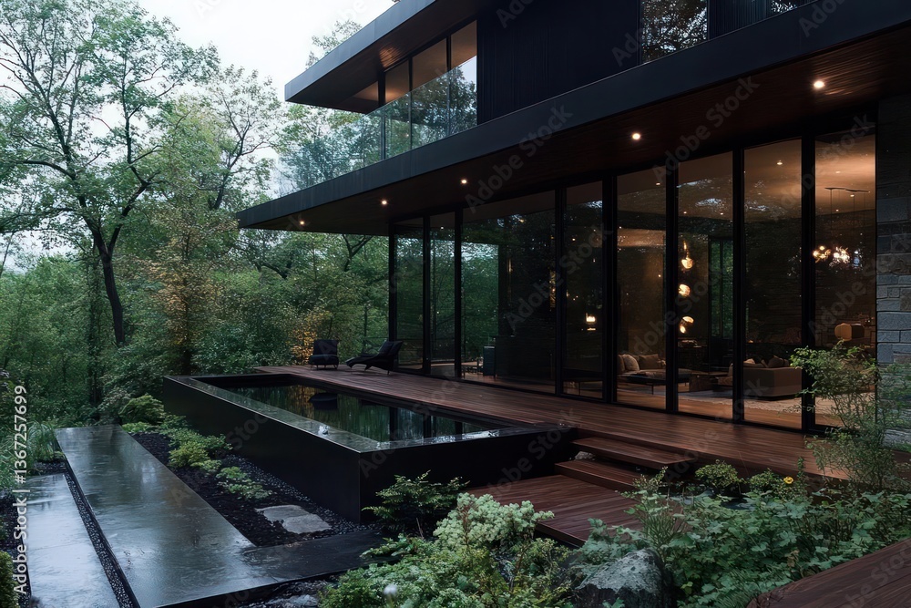 Poster Modern architectural house with large windows and reflection pool surrounded by lush greenery and trees during daytime. Exterior view with natural light