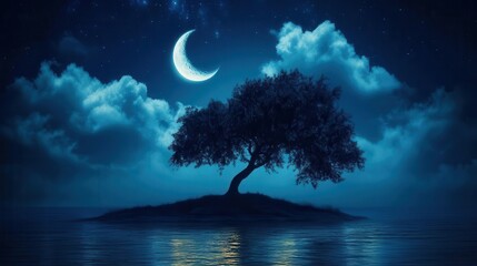 Serene Night Landscape With Silhouette of Tree and Moon Reflected in Calm Water