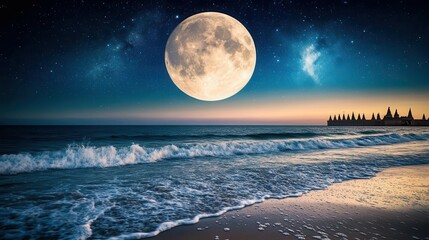Stunning Full Moon Over Ocean Waves with Glittering Stars at Dusk on a Calm Beach