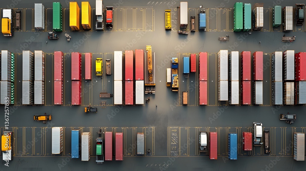 Poster busy logistics hub with large freight containers and pallets being actively loaded and unloaded by f