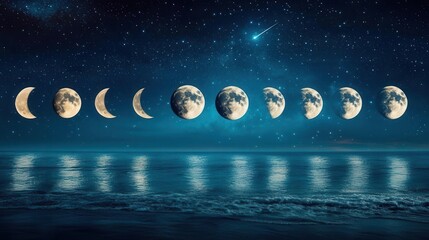Phases of the Moon Reflecting Over Calm Ocean Waters Against Starry Night Sky