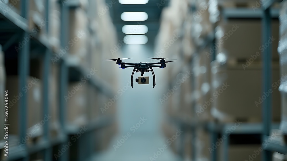 Poster aerial view of a drone delivering a package from a high tech warehouse fulfillment center showcasing