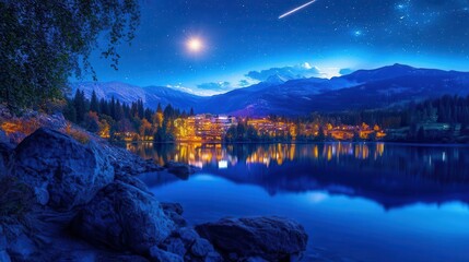 Serene Night Sky Over Tranquil Lake with Stars and Reflections in a Mountain Landscape