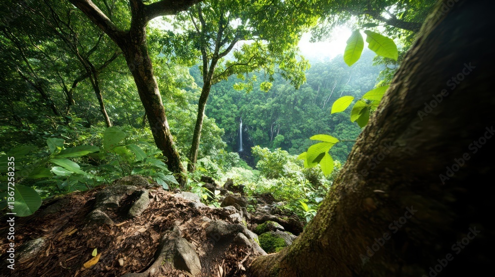 Poster lush green environment scene with waterfall framed by tree trunk and branches. sunlight filters thro