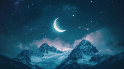 Serene Nighttime Mountain Landscape Under a Crescent Moon and Starry Sky