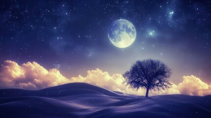 Serene Night Landscape with Silhouetted Tree under a Glowing Moon and Starry Sky