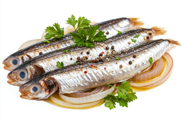 a plate of fish with onions and parsley