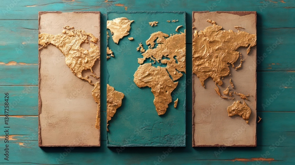 Poster three-piece artwork of world map with metallic gold continents on distressed turquoise and beige bac
