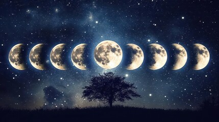 Phases of the Moon Against a Starry Night Sky with Silhouette of a Tree in the Foreground