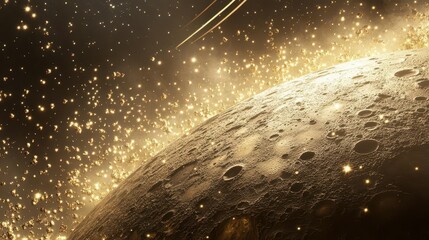 Shimmering Golden Space Dust and Celestial Bodies in an Expansive Cosmic Landscape