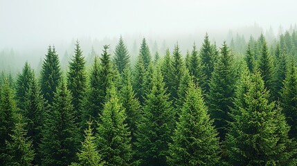 Fototapeta premium Misty Evergreen Forest: A Serene Panorama of Coniferous Trees