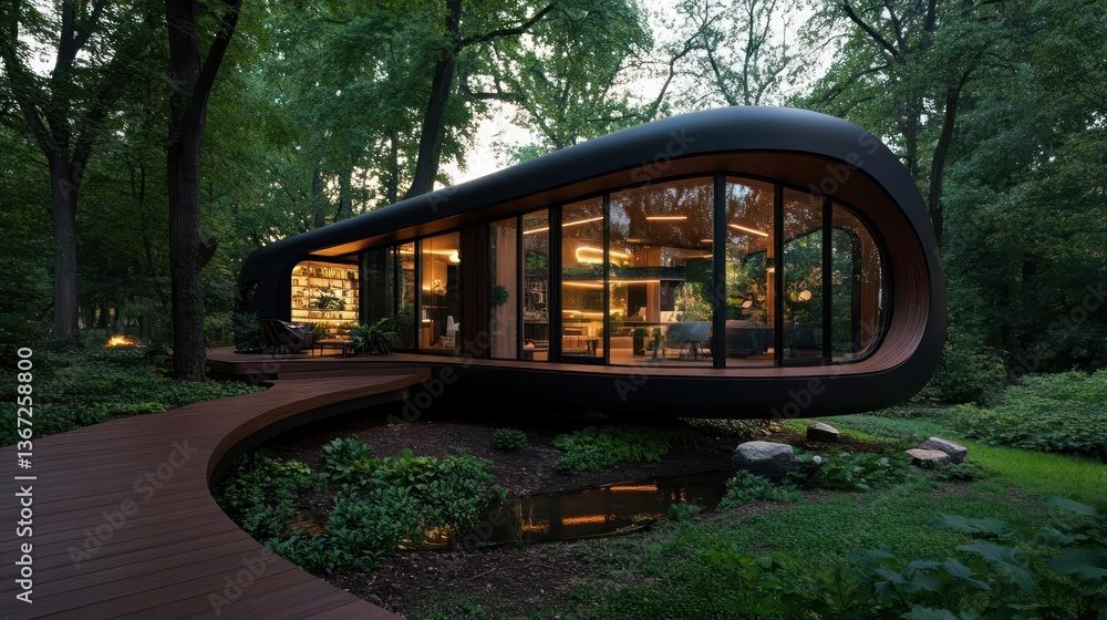 Poster modern architectural dwelling with curved facade featuring expansive glass windows illuminated from 
