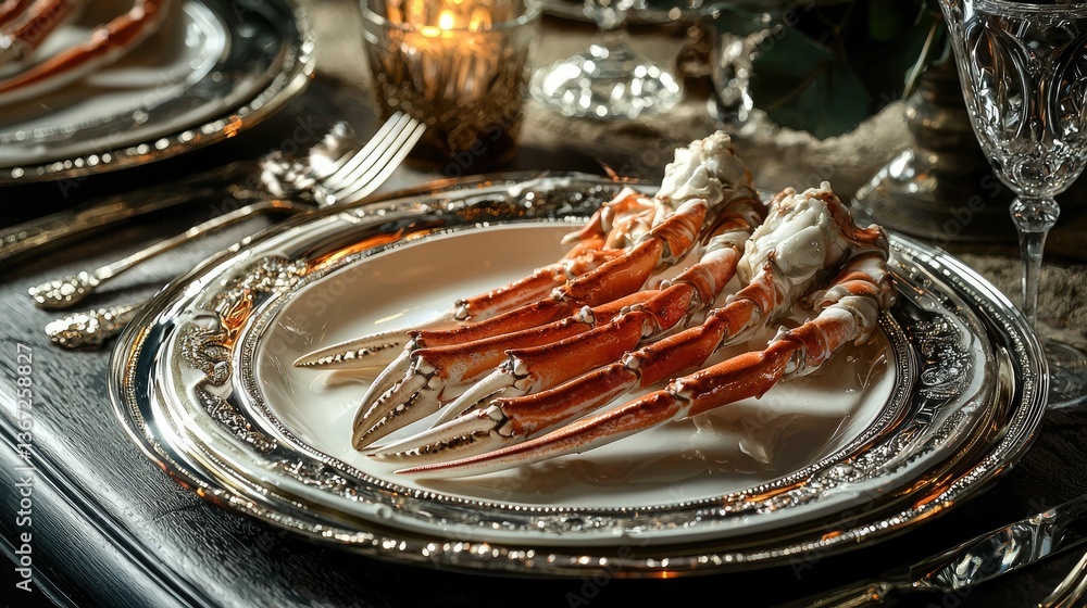Poster crab legs served on a fancy dining plate with fine cutlery in an elegant setting.