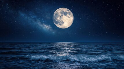 Fototapeta premium Radiant Full Moon Illuminating Serene Ocean Waves Under Starlit Night Sky