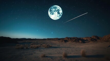 Serene Desert Landscape Under A Bright Full Moon With Stars And Gentle Shadows