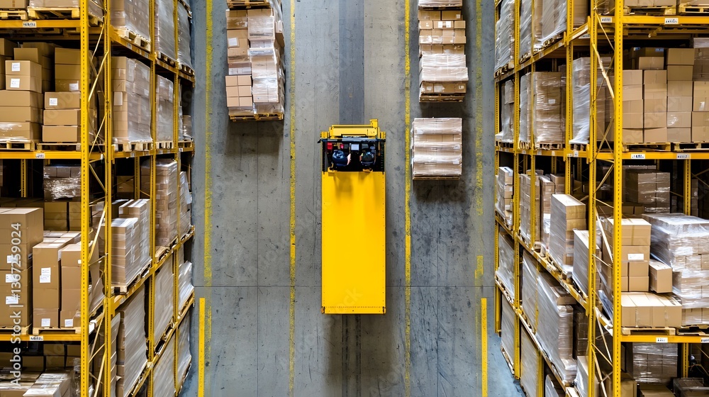 Poster aerial perspective of a bustling warehouse showcasing optimized space utilization streamlined invent
