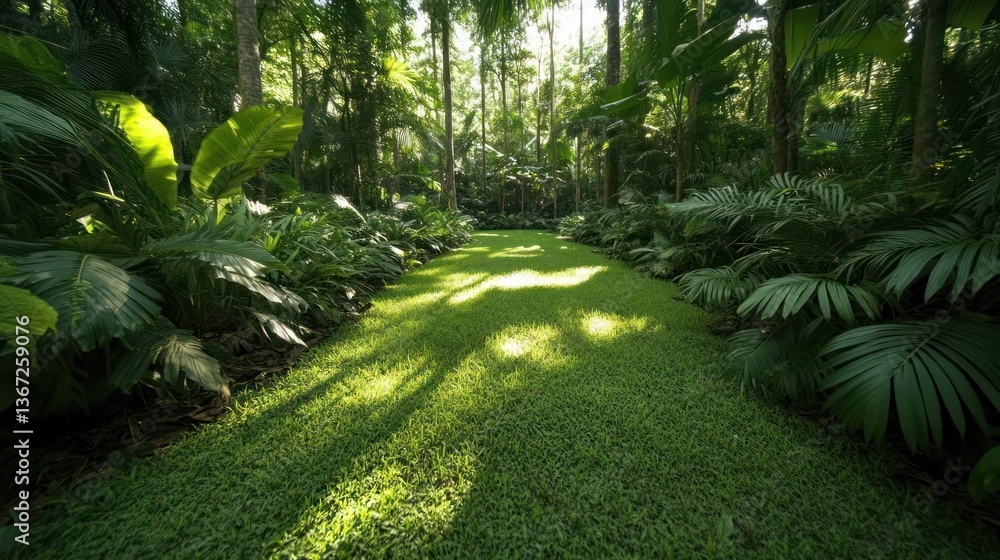 Fototapete lush green pathway through a vibrant rainforest with sunlight filtering through the trees creating a