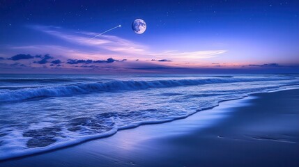 Peaceful Evening at the Beach with Gentle Waves Under a Twilight Sky and Glowing Moon