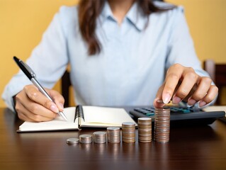 Businesswoman meticulously stacks coins into a growing graph while noting financial details in a notebook a scene suggesting careful financial planning and budgeting