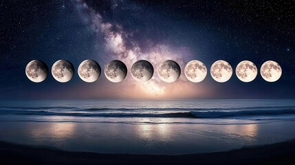 Phases of the Moon Over a Serene Ocean Under a Starry Night Sky with Cosmic Reflection