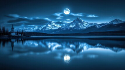 Serene Nighttime Landscape of Mountains and Reflections in Tranquil Lake Under Full Moon