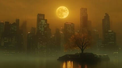 Silhouette of Modern City Skyline Under Golden Moonlight with Reflections in Foggy Water