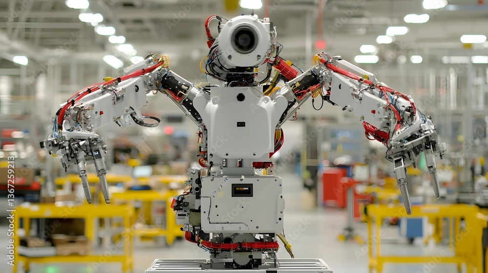 Poster robotic arm efficiently packaging various products inside a modern automated high tech fulfillment c