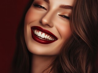 Close - up of a beautiful woman with long brown wavy hair, bright red lipstick, and perfectly white teeth smiling against a dark red background, highlighting dental treatment beauty.
