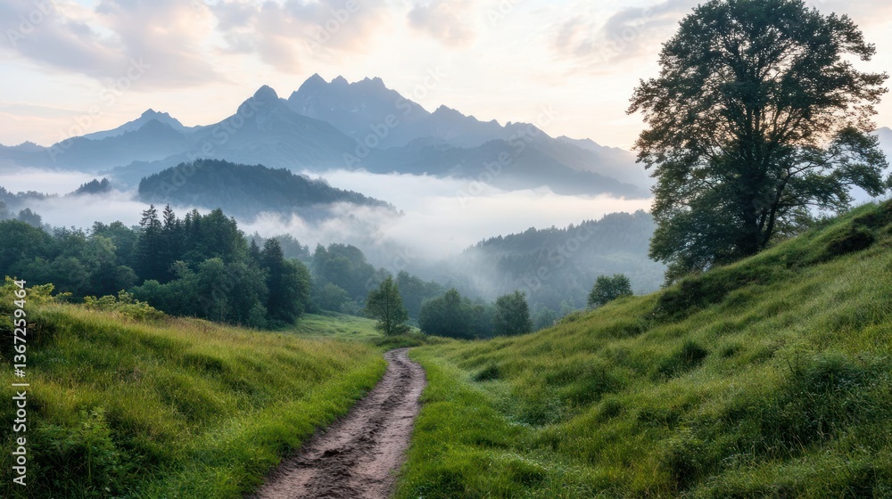 Poster dirt path through green grassy field leading to misty mountains under a cloudy sky with trees framin