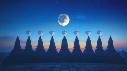 Serene Silhouette of Ancient Temples Under a Full Moon at Twilight with Stars in the Sky