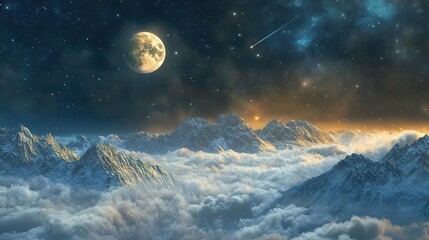 Starlit Mountains Under a Full Moon Illuminating Clouds at Night in a Serene Landscape