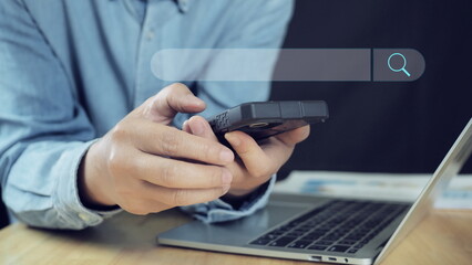 Web page banner, data search technology, digital marketing. SEO, Search Engine Optimization. Woman mobile phone and laptop computer to search the information, internet browsing.