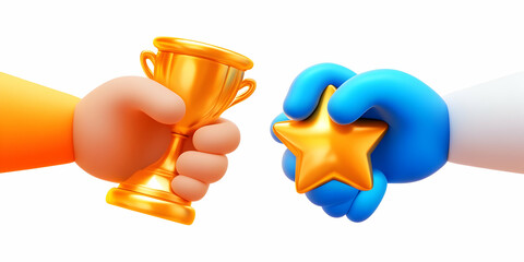 3D Illustration of Hands Holding Gold Trophy and Star on White Background