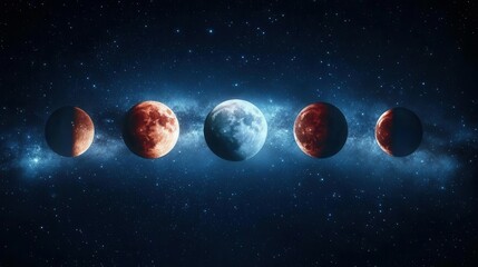 Phases of the Moon Captured in a Cosmic Night Sky with Stars and Galactic Background